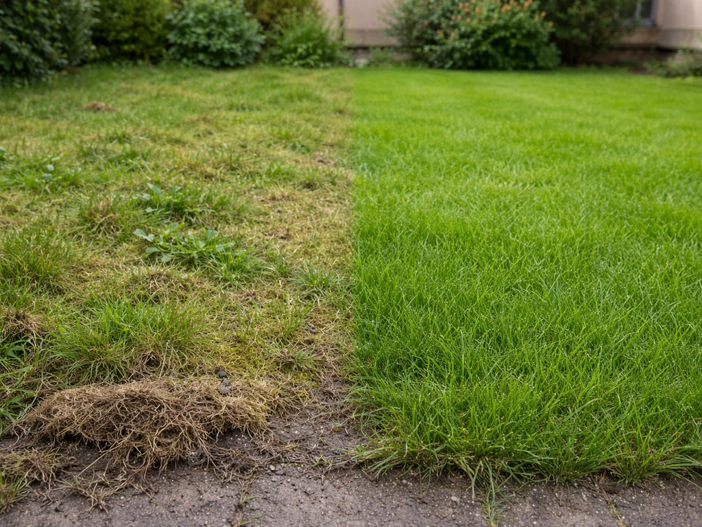Linker deel van gazon met vervilting en mos, rechter deel met egaal groen: wel of niet omploegen.