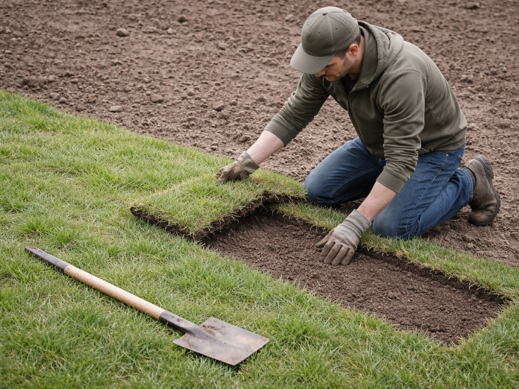 Tuinier haalt grasmat weg in stroken met een steekspade, waarna kale grond zichtbaar is.