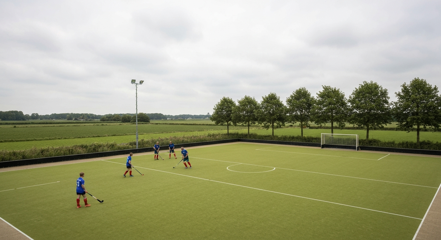 Luchtfoto van een natuurgras veldhockeyveld in Nederland met zichtbare slijtage bij de doelen