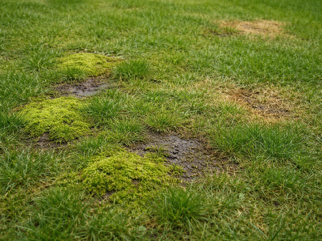 Gazon met mosplekken, verdichte/sponsachtige stukken en vergeelde tot bruine grasvlekken.