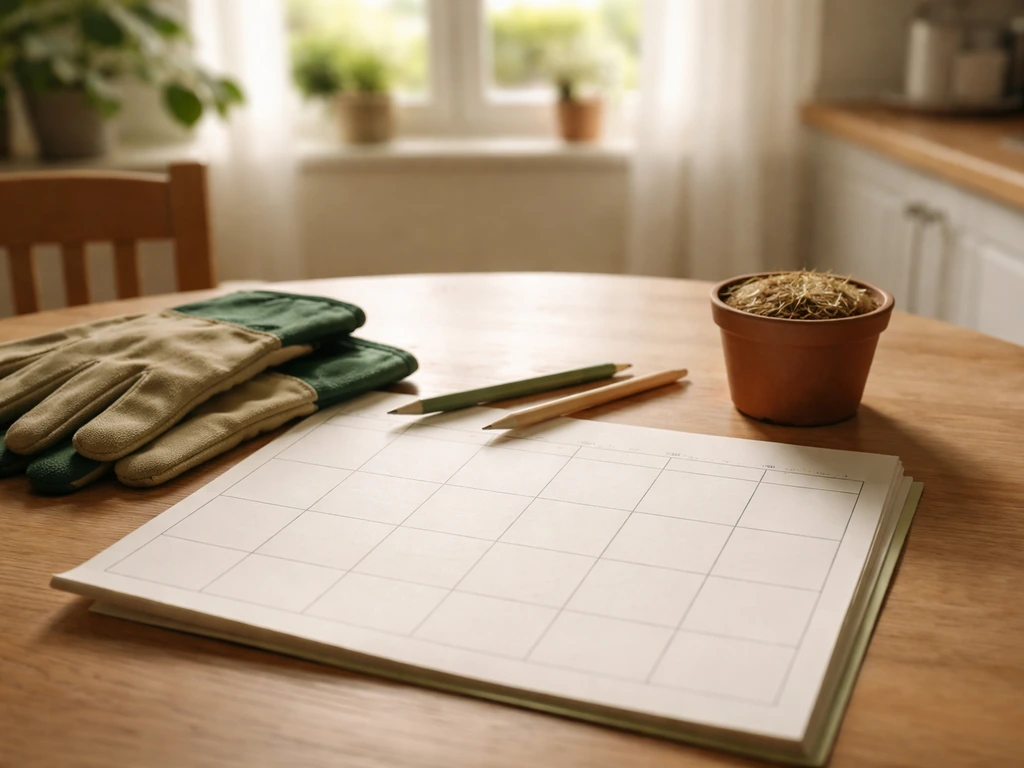 Tuiningang op tafel met agenda en tuinhandschoenen, sfeer van seizoensplanning voor het gazon in Nederland