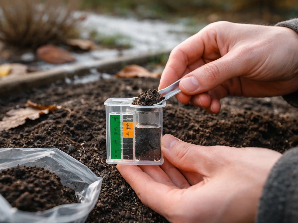 Hand met pH-testset terwijl een grondmonster in een klein bakje in de wintertuin wordt voorbereid