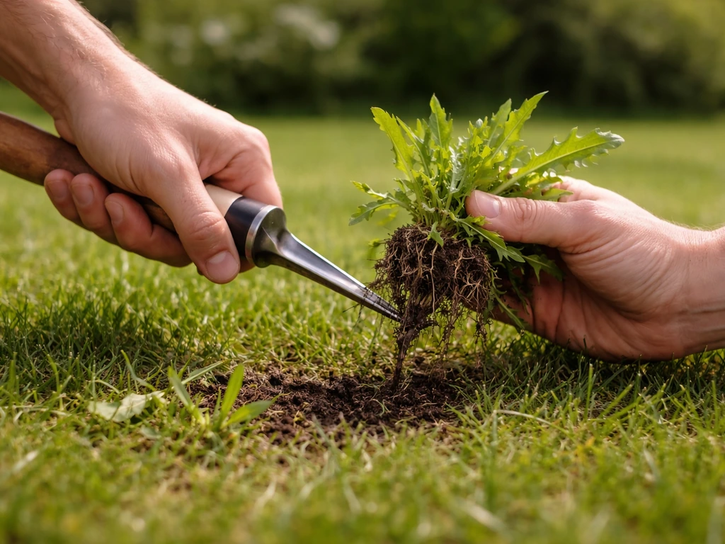 Handen met onkruidsteker die onkruid uit het gazon verwijderen, met zichtbaar onkruid tussen het gras.