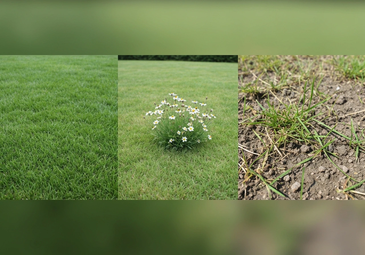 Drie gescheiden tuinvlakken met schaduwmos, onkruid en een grond/wortelprobleem dat het gras verzwakt.