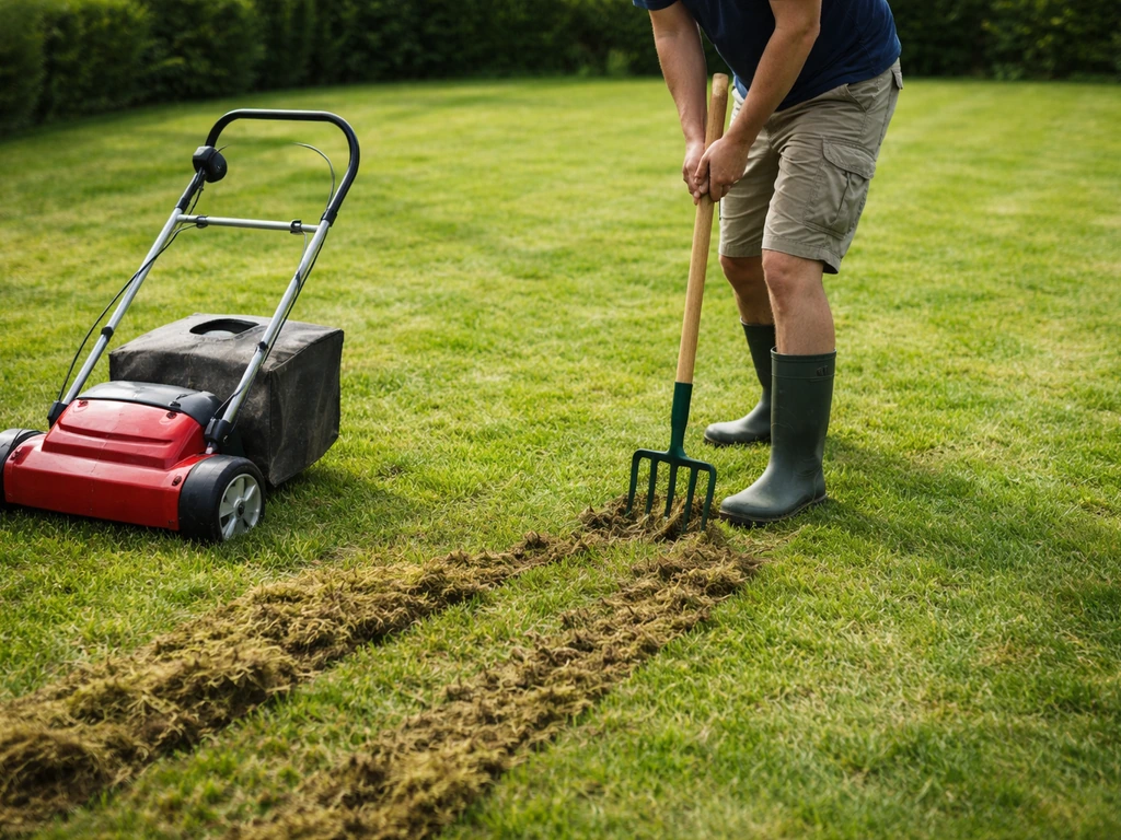Onherkenbare tuinier belucht en verticuteert een gazon, met losgekomen vilt/mos op de bodem.