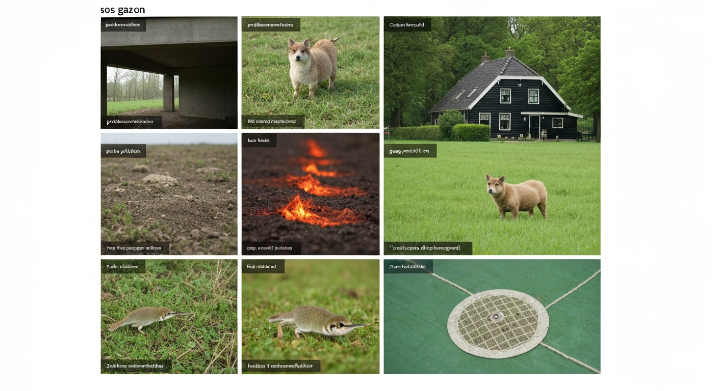 Split-screen van probleemgazon (mos, kale plekken, droogte, engerlingen, schimmel) en hersteld groen gazon in een Nederlandse achtertuin.