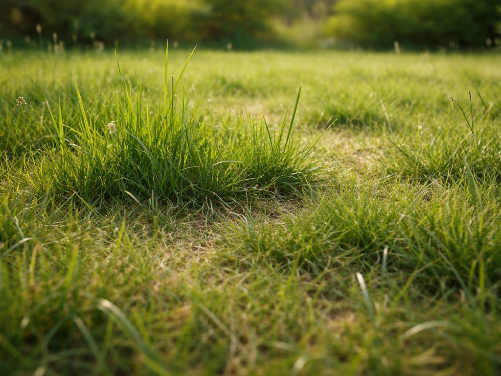 Ongelijk gemaaid gazon in Nederland met zichtbaar doorgroeiende sprieten en te hoog gras op een rustige achtergrond.
