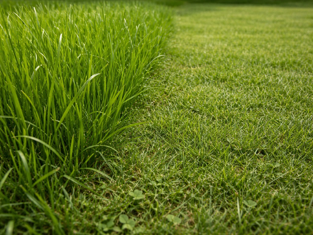 Close-up van een gazon met duidelijk ongelijk groeiend gras: op sommige plekken veel hoger dan elders.