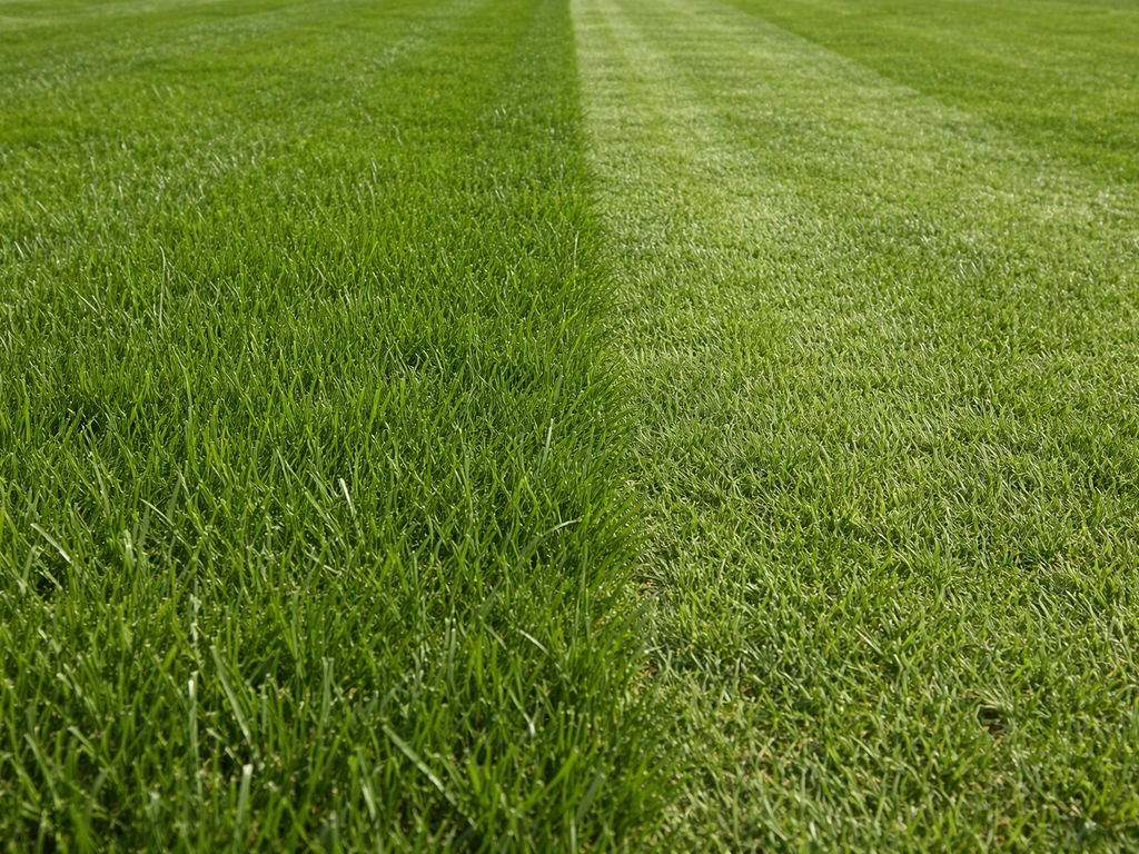 Gazongras met stroken op verschillende maaihoogtes, die laten zien hoe je niet meer dan een derde per maaibeurt verwijde