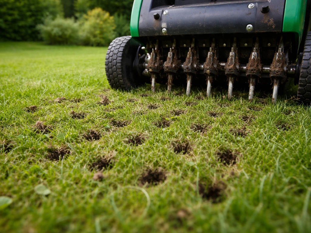 Grasmat met kleine beluchtingsgaatjes, beluchtingsmachine/prikroller werkt op een gazon in de tuin.