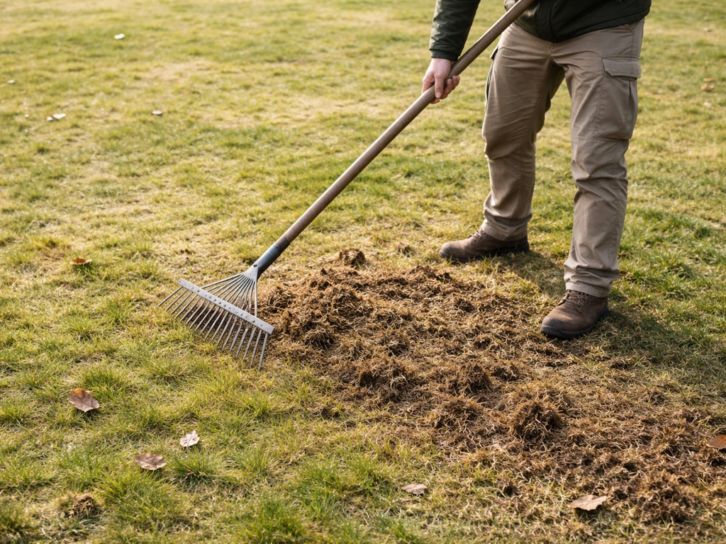 Person harkt in april een gazon met bladresten en zichtbare viltlaag, vóór beluchten.