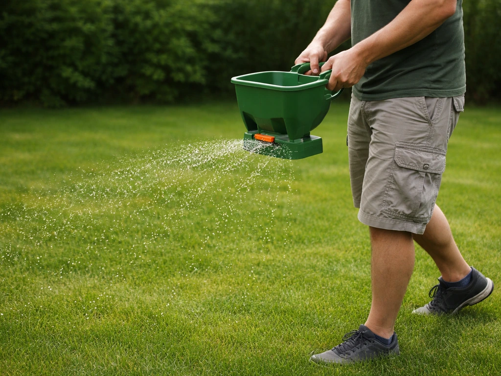 Man die gazonmest gelijkmatig uitstrooit met een strooier op een groen grasveld in april