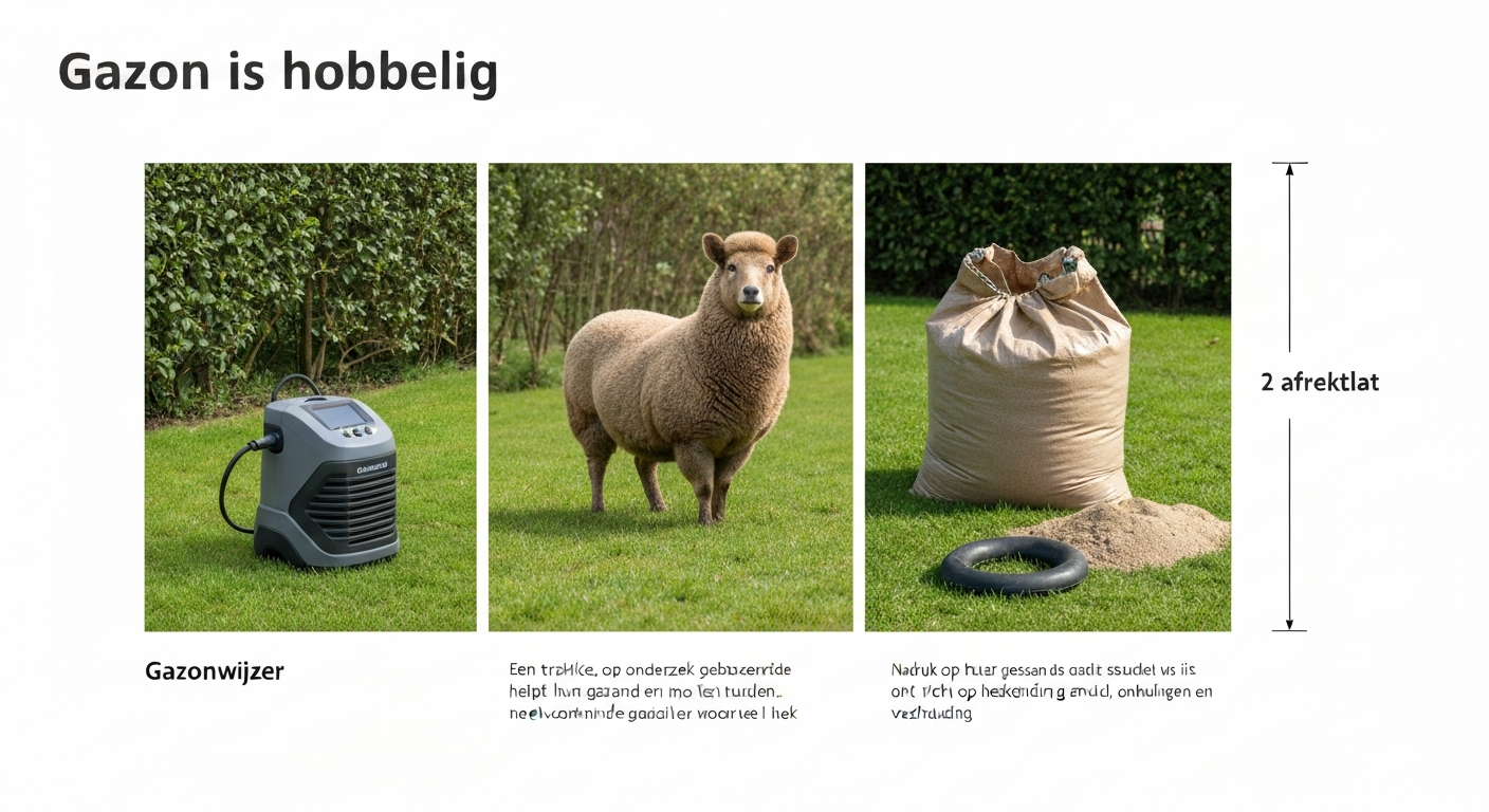 Hobbelig gazon met rechte lat en laserwaterpas in Nederlandse tuin, voorbereiding voor egaliseren.