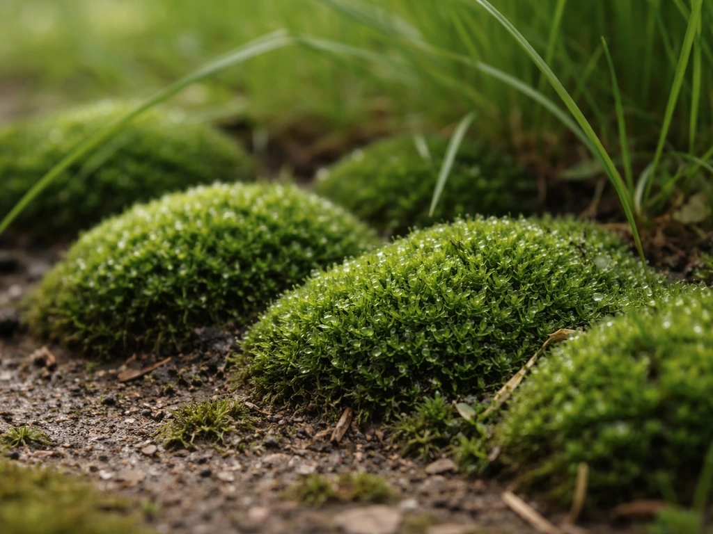 Donkergroen mos tussen dun gras op een vochtige, schaduwrijke plek in de tuin