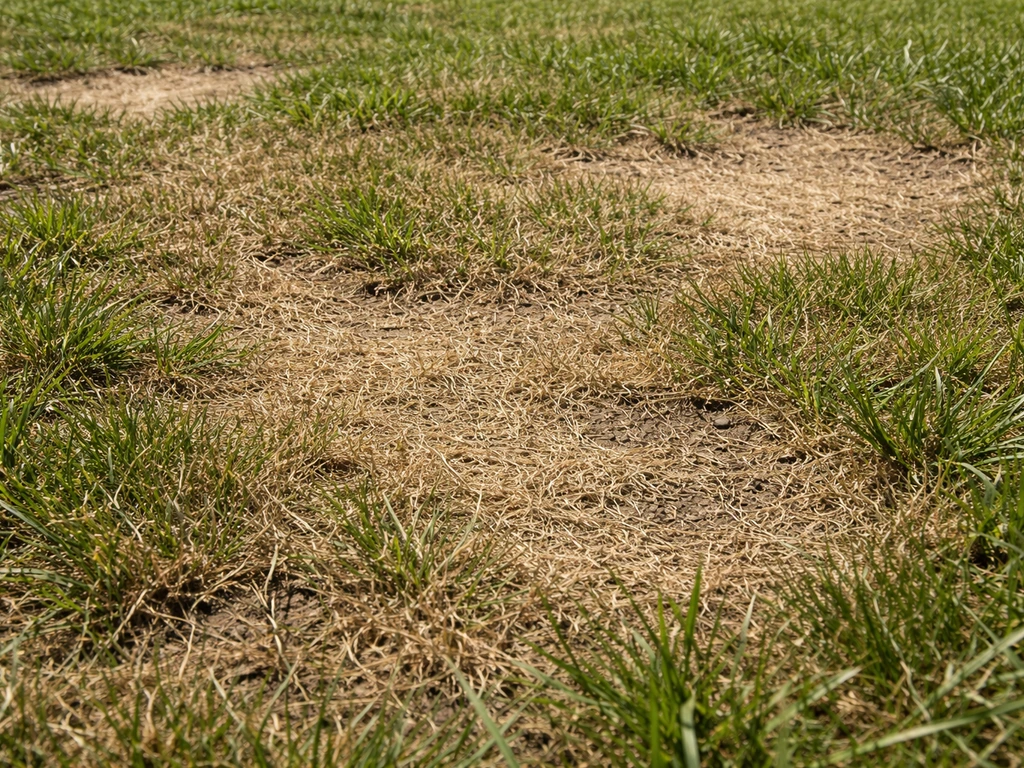 Close-up van verdroogde kale plekken in een gazon met bruine randen en schraal, uitgedroogd gras.