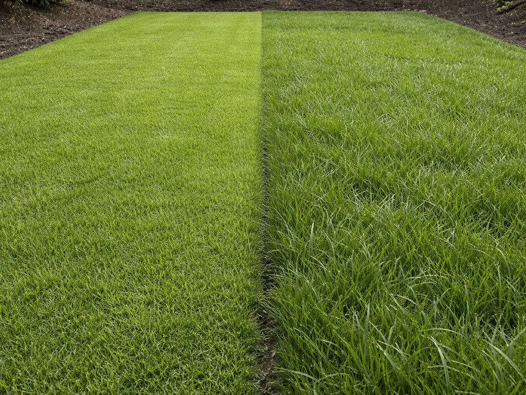 Zijaanzicht van twee naast elkaar liggende grasmatten: strak siergazon vs robuuster gebruiks-/speelgazon.