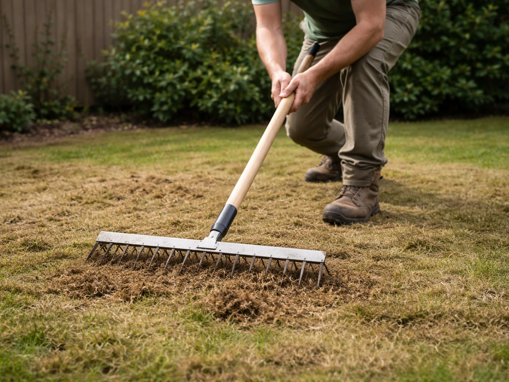 Tuinier bereidt het gazon voor met een verticuteerhark; gevilt en kort gras liggen zichtbaar klaar voor het strooien.
