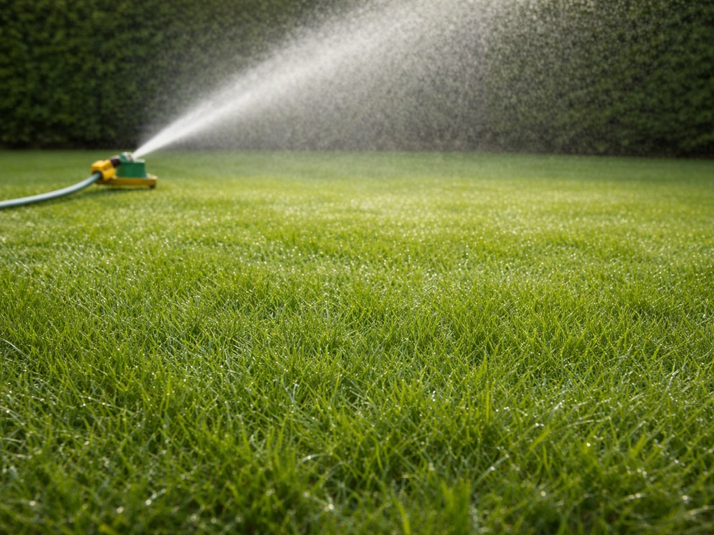 Tuinslang die het gazon gelijkmatig bewaterd; vochtige grasbladen na het strooien.