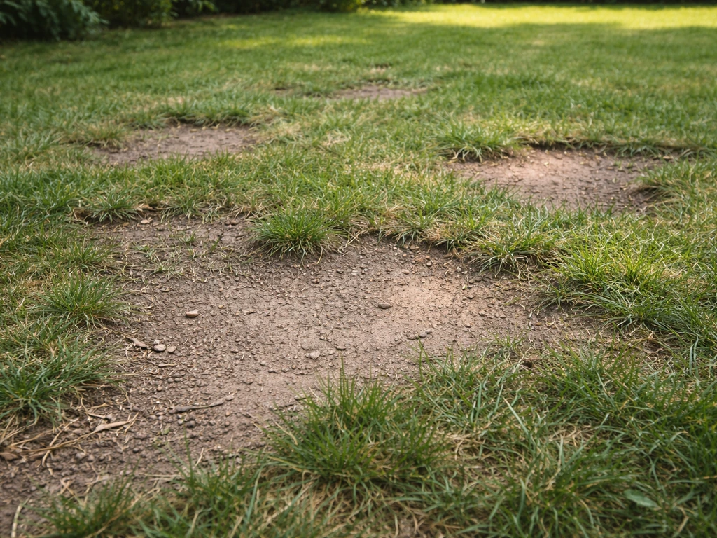 Kale plekken in een gazon met open grond en losse, dunne grasmat in een rustige tuin