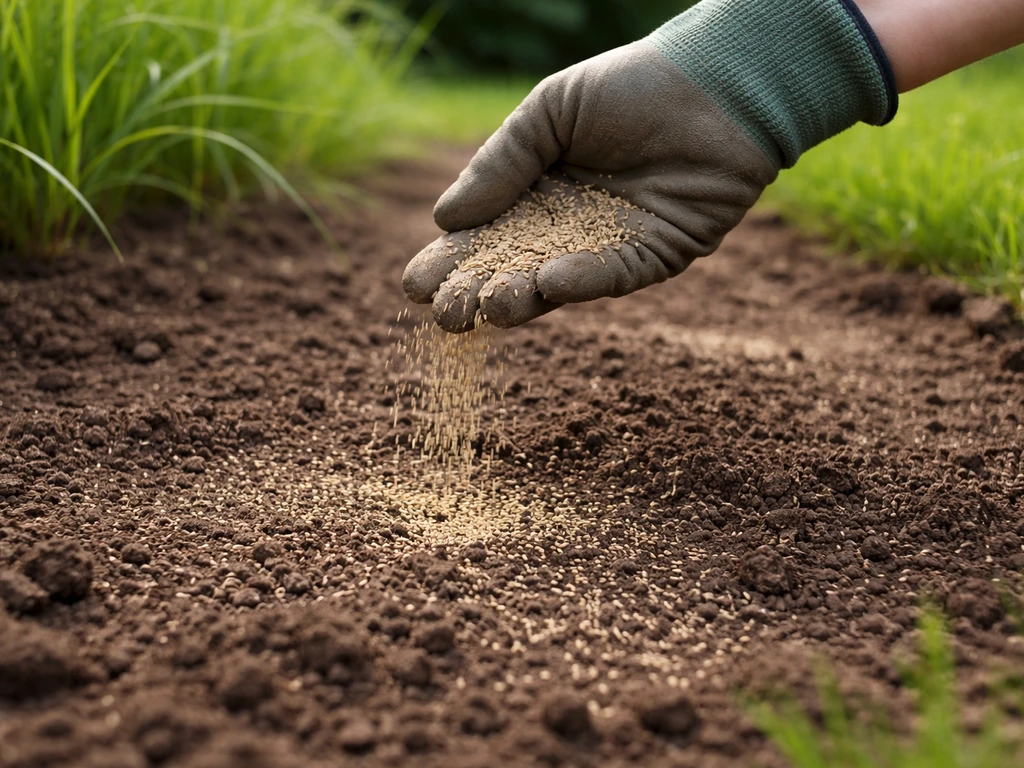 Hand strooit graszaad over een kale plek in het gazon, met licht open grond en net ingeveegde zaadkorrels.