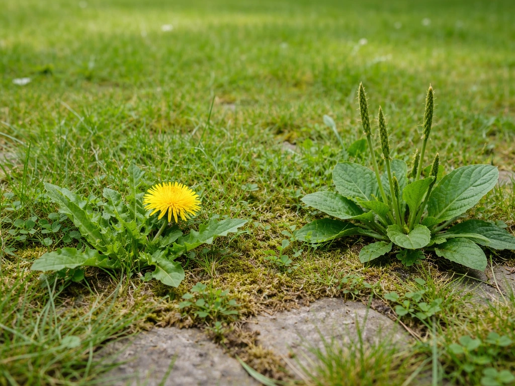 Jonge grasmat in het voorjaar met onkruid en mos tussen het gras, close-up in natuurlijk licht.