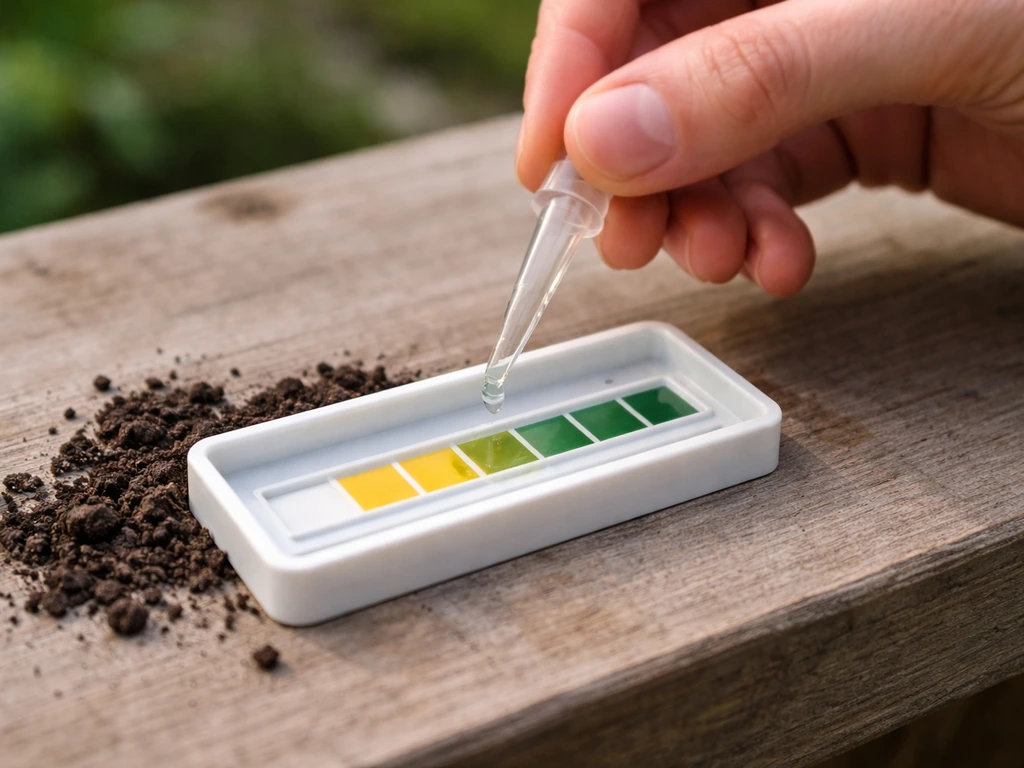 Close-up van een bodem-pH-teststrip met veranderde kleur, met aarde en een hand die een druppel aanbrengt.