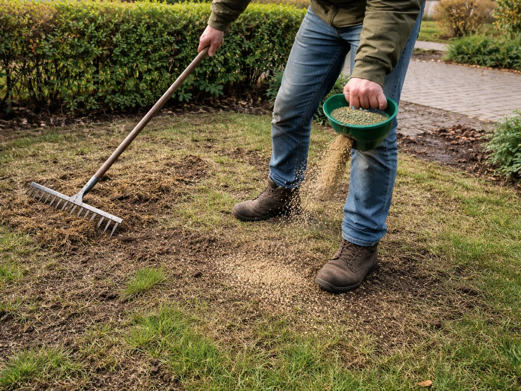 Persoon verticuteert en strooit direct graszaad over kale plekken in een herfstig gazon.