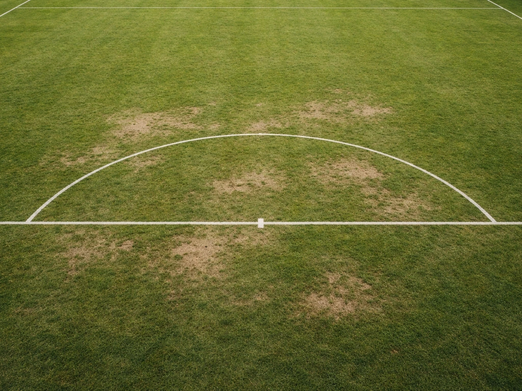 Bovenaanzicht van een veldhockeyveld met natuurgras; duidelijke belastingsplekken op het gras, zonder mensen.