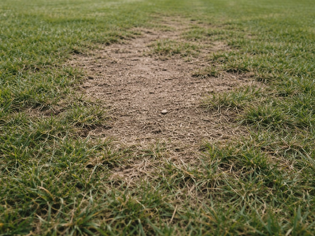 Close-up van een grashockeyveld met kale en dunne plekken door intensieve betreding en grasslijtage.