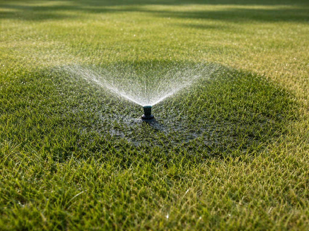 Tuin met sproeier: vochtige kring tegenover droge, doorwortelde graspol met duidelijk nat-droog verschil.