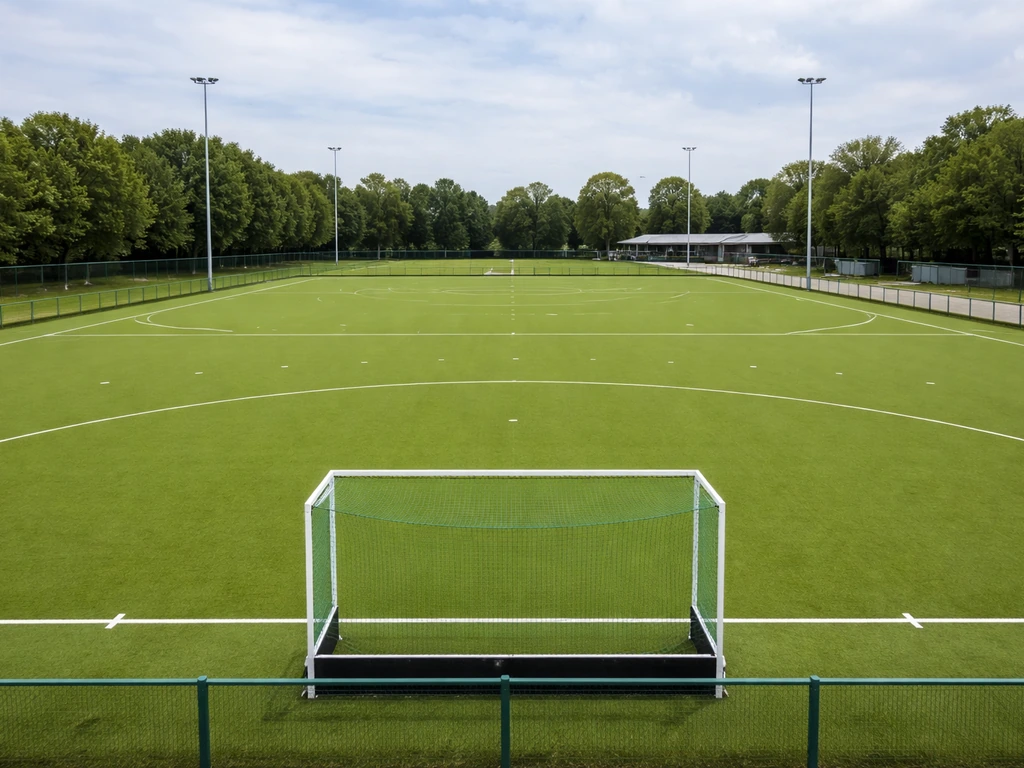 Leeg buitens hockeyveld met duidelijke belijning en doeltjes, gras en afmetingen in beeld.