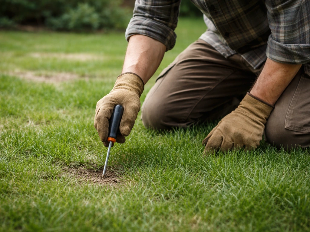Knieënde tuinier inspecteert het gazon met een klein gereedschap bij kale plekken, close-up in de buitenlucht.