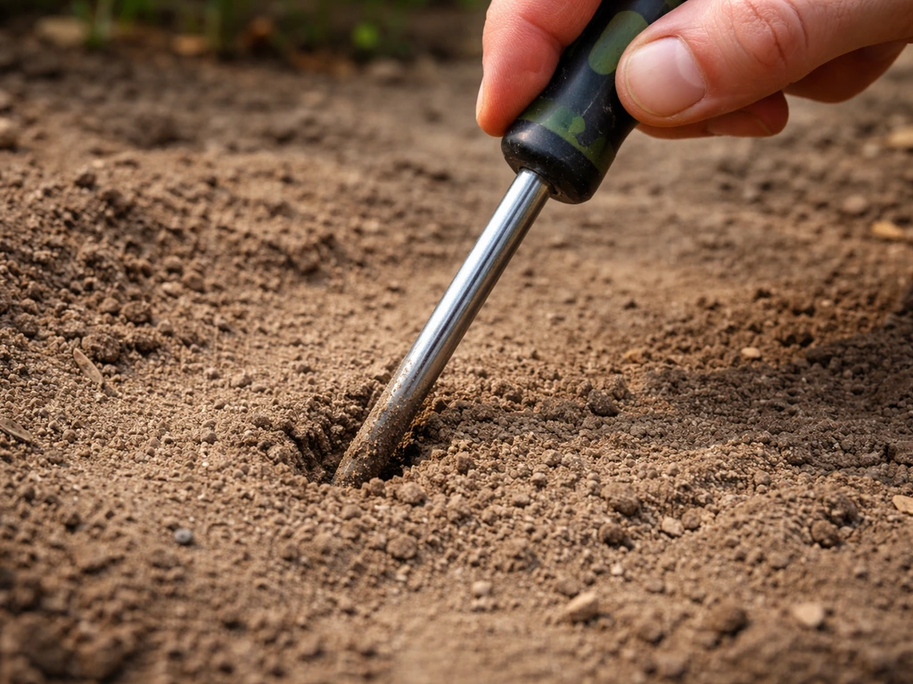 Close-up van een hand die een schroevendraaier in verdichte aarde duwt, de punt net in de grond.