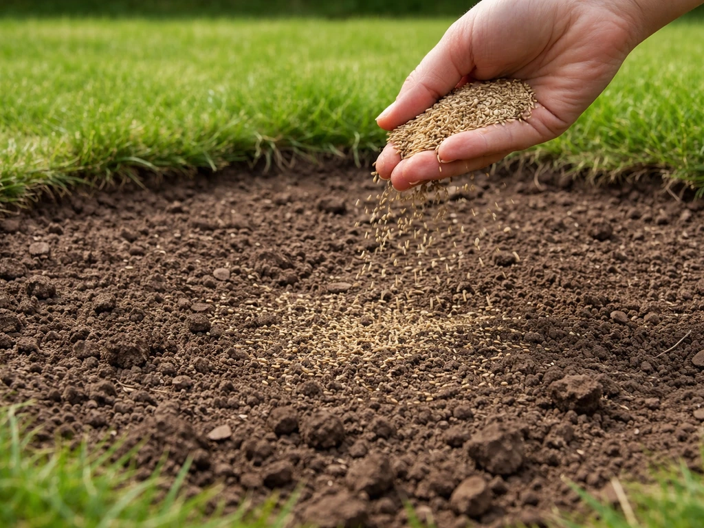Losgeharkte grond met graszaad dat wordt ingezaaid in een kale tuinzone