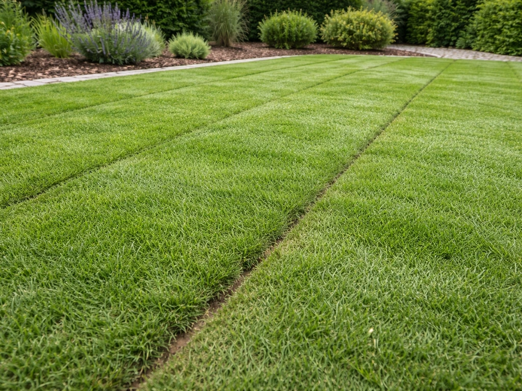 Nieuw uitgerold gazon in rollen in een Nederlandse tuin, zichtbare naden en vers gras in natuurlijk licht.