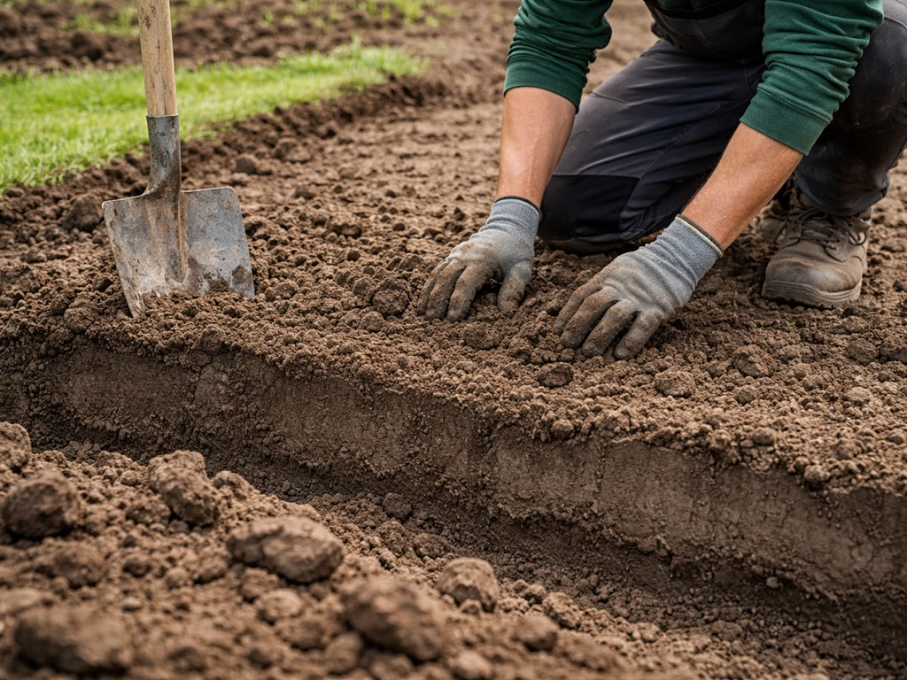 Tuinier schept grond los na diep omspitten, met harde onderlaag zichtbaar en kruimelige structuur erboven.
