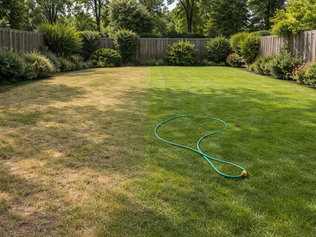 Nederlands gazon met lichte vergeelde plekken door droogte, deels groen en klaar om bij te sturen met onderhoud.