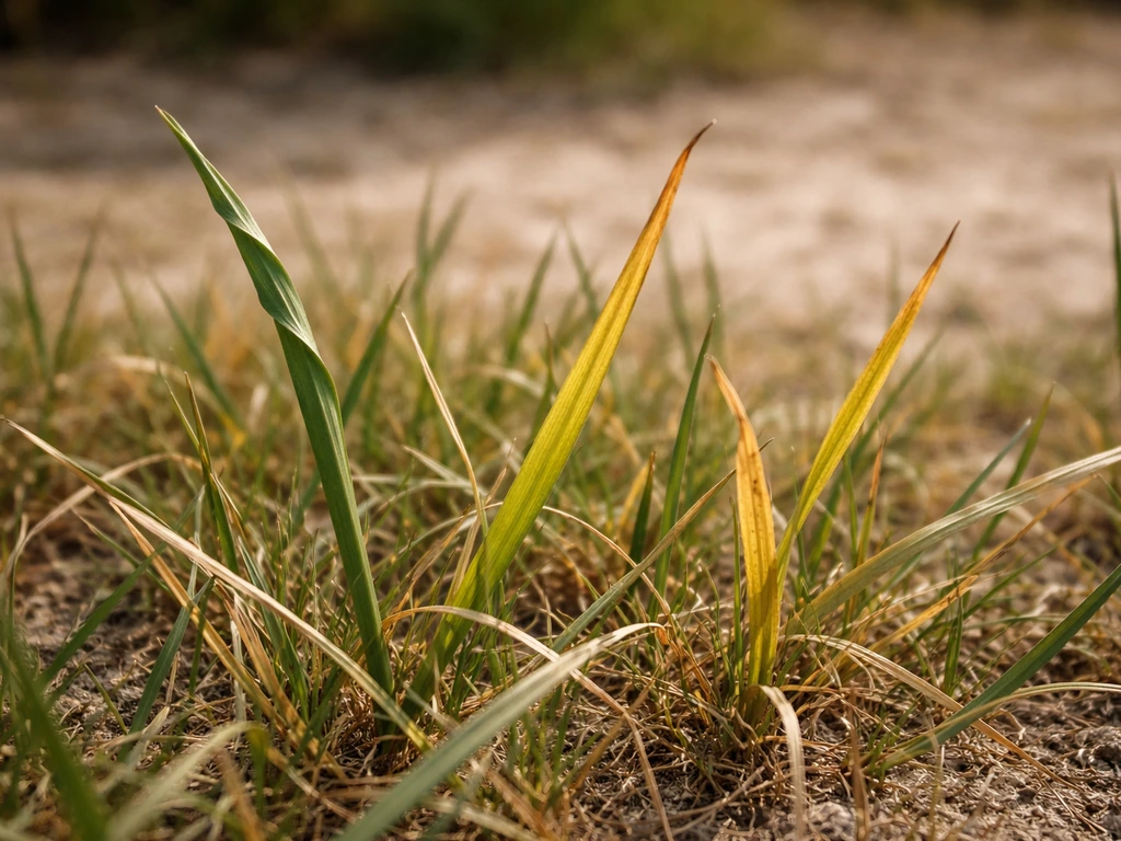 Close-up van droogtestress gras met bladeren die deels rollen en gele verkleuring