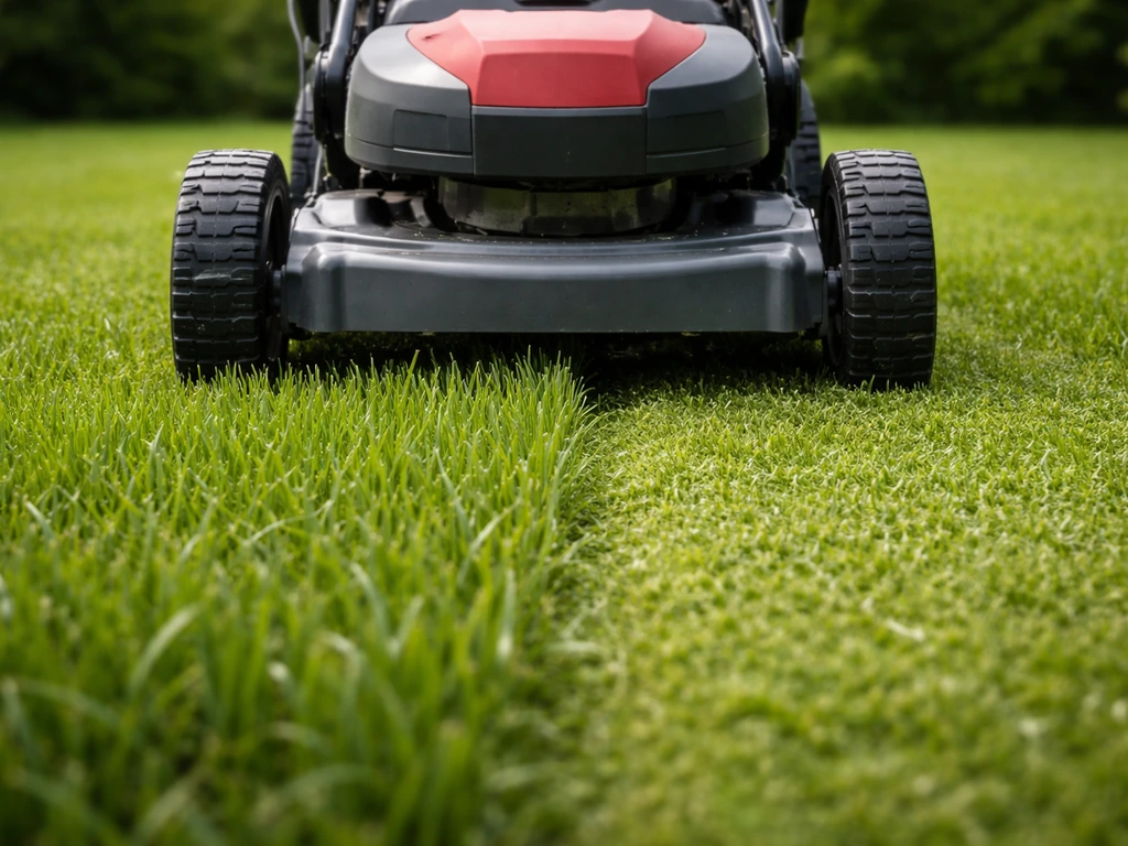 Grasmaaier die hoger staat en gras afsnijdt op 5–7 cm, met zichtbare langere sprieten