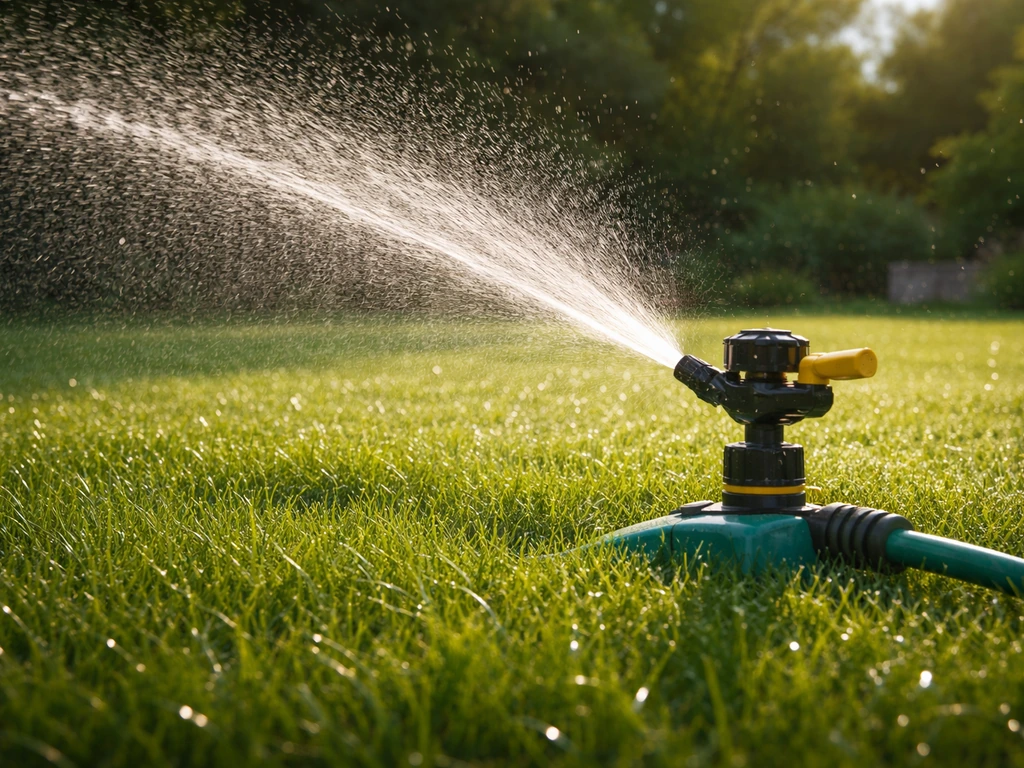 Een tuinsproeier die een gazon gelijkmatig besproeit met een zichtbare waterstraal en nat gras.