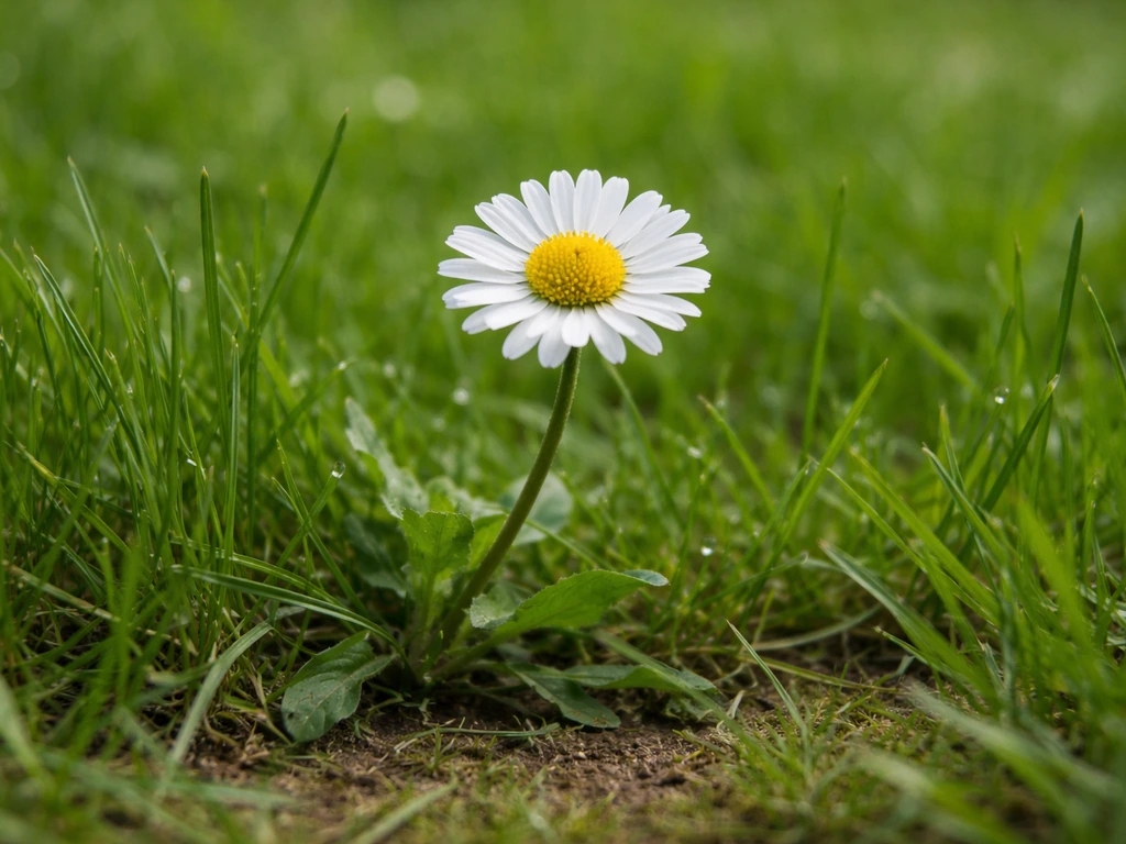 Close-up van witte kamillebloem met geel hart tussen groene graspolletjes in natuurlijk daglicht.