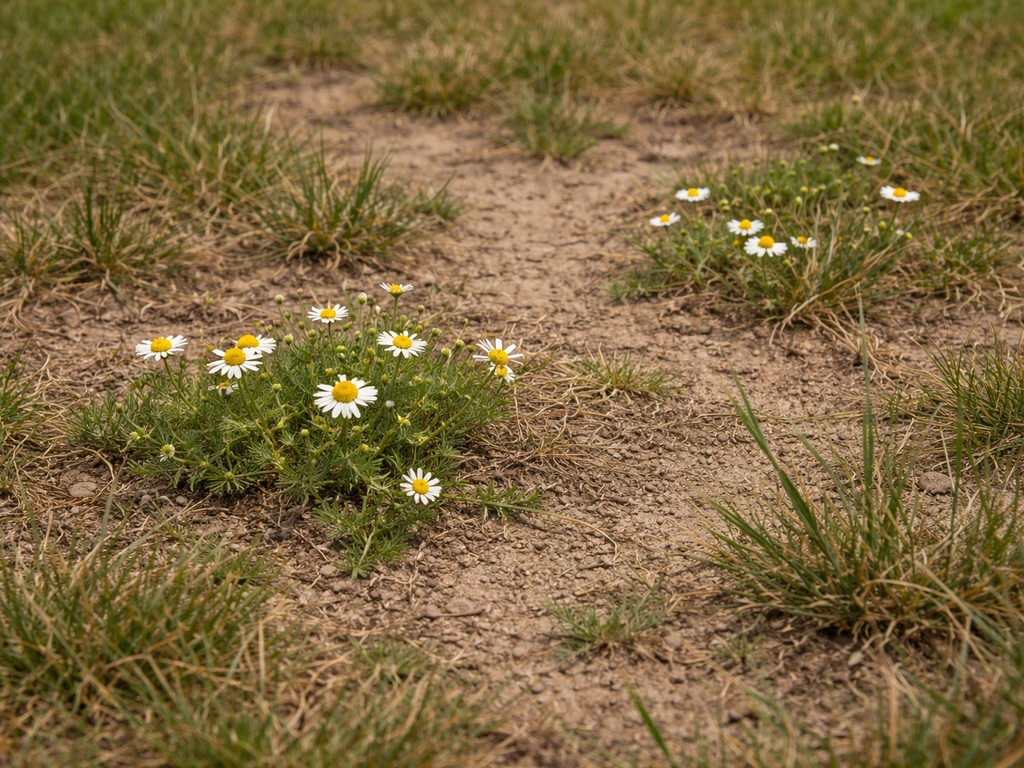 Close-up van kamille tussen schraal gras en kale grond op een tuin gazon, met zachte natuurlijke achtergrond.