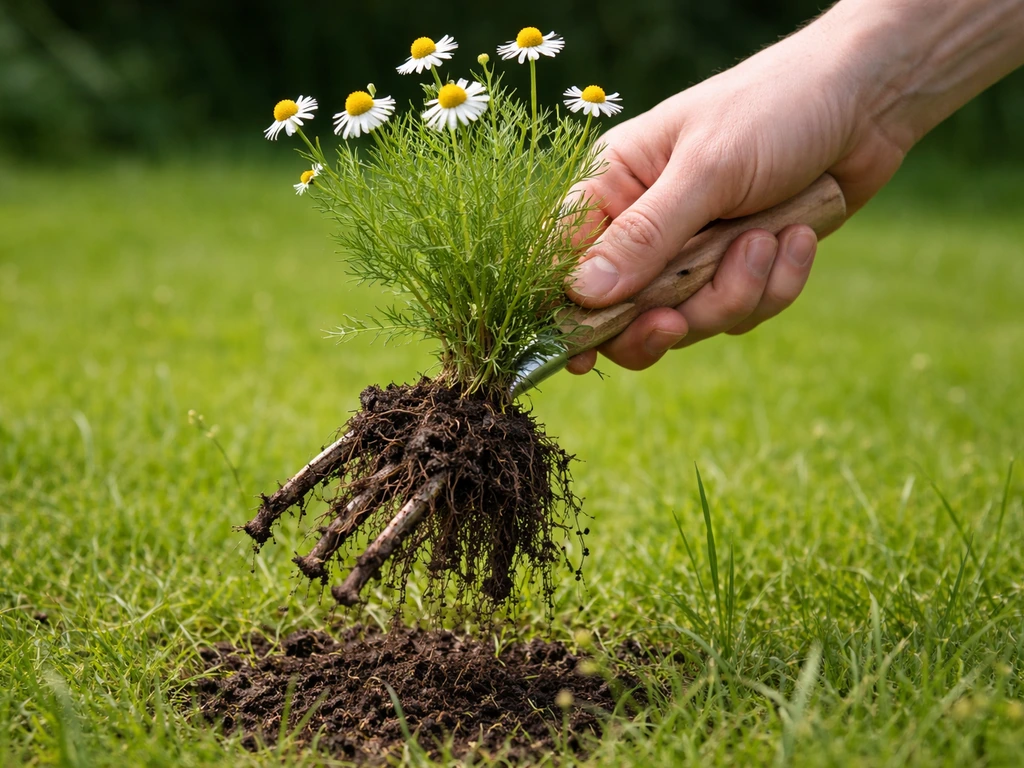 Hand die een kamille met wortel uitsteekt met tuinschepje, terwijl het gras eromheen intact blijft.