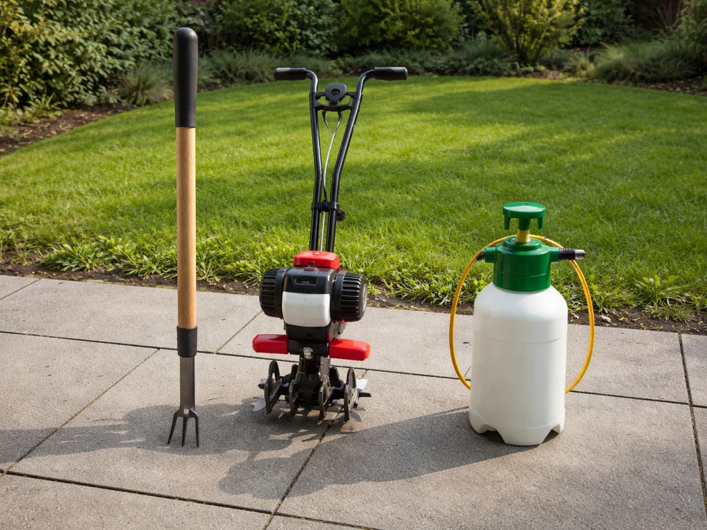 Minimalistische tuin-scène met drie gereedschappen die onkruidbestrijding symboliseren in een rustige buitenomgeving.