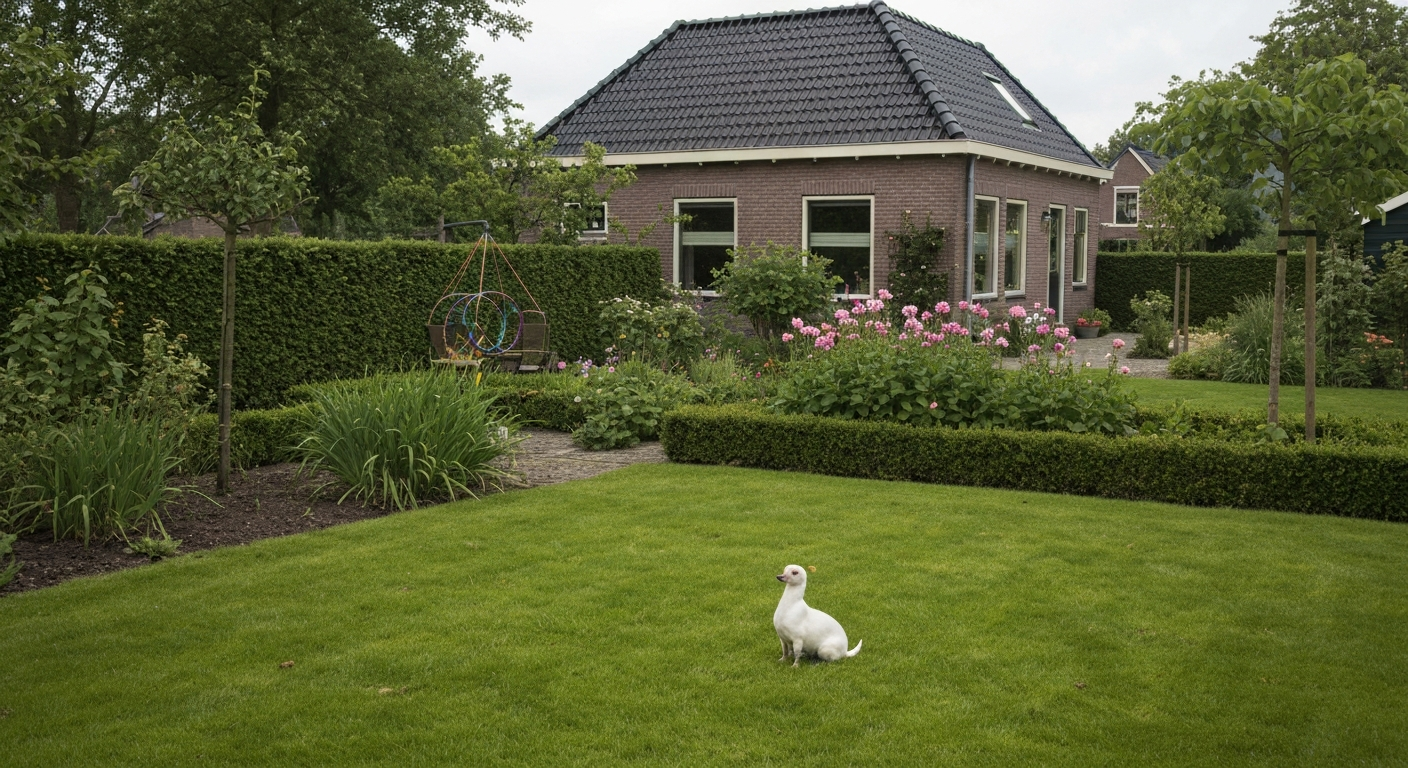 Net gemaaid gazon (ongeveer 35 mm) in een Nederlandse achtertuin met terras en tuinbank.