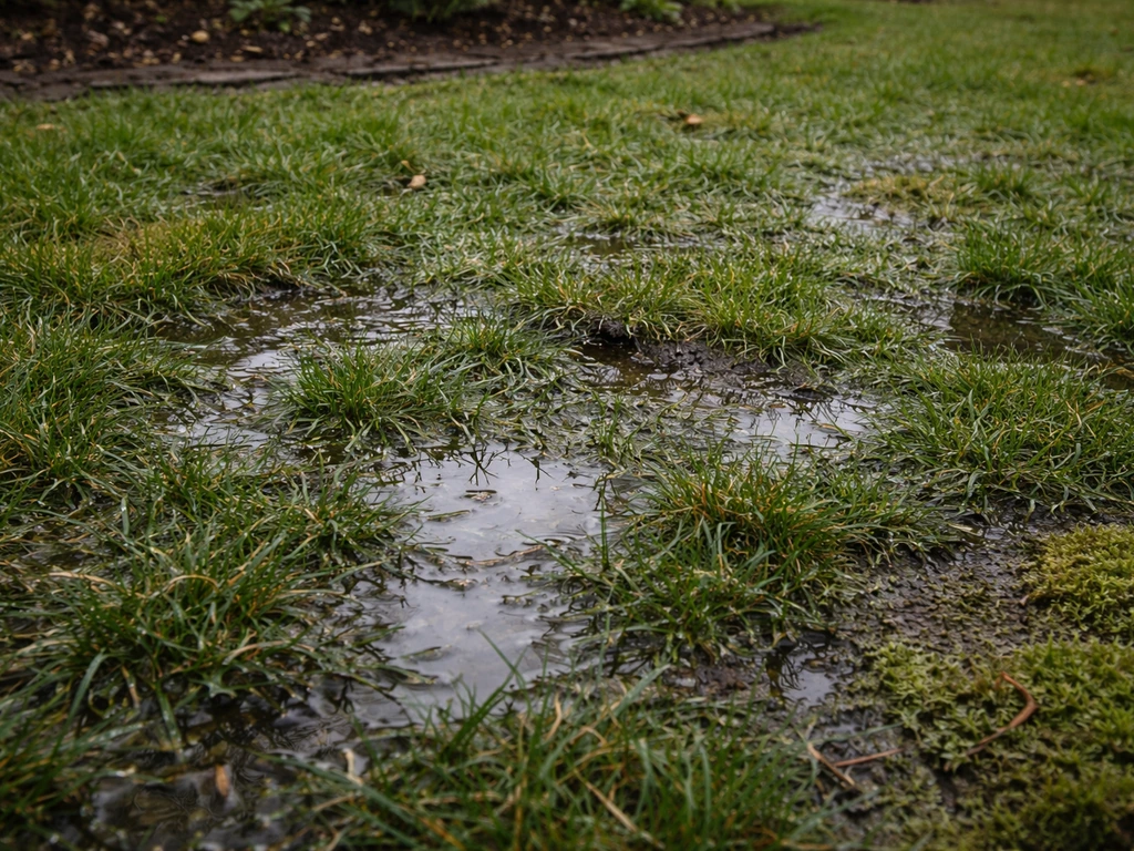 Close-up van een te nat gazon met plassen, verdichte grasmat en mosplekken in een rustige NL-tuin.
