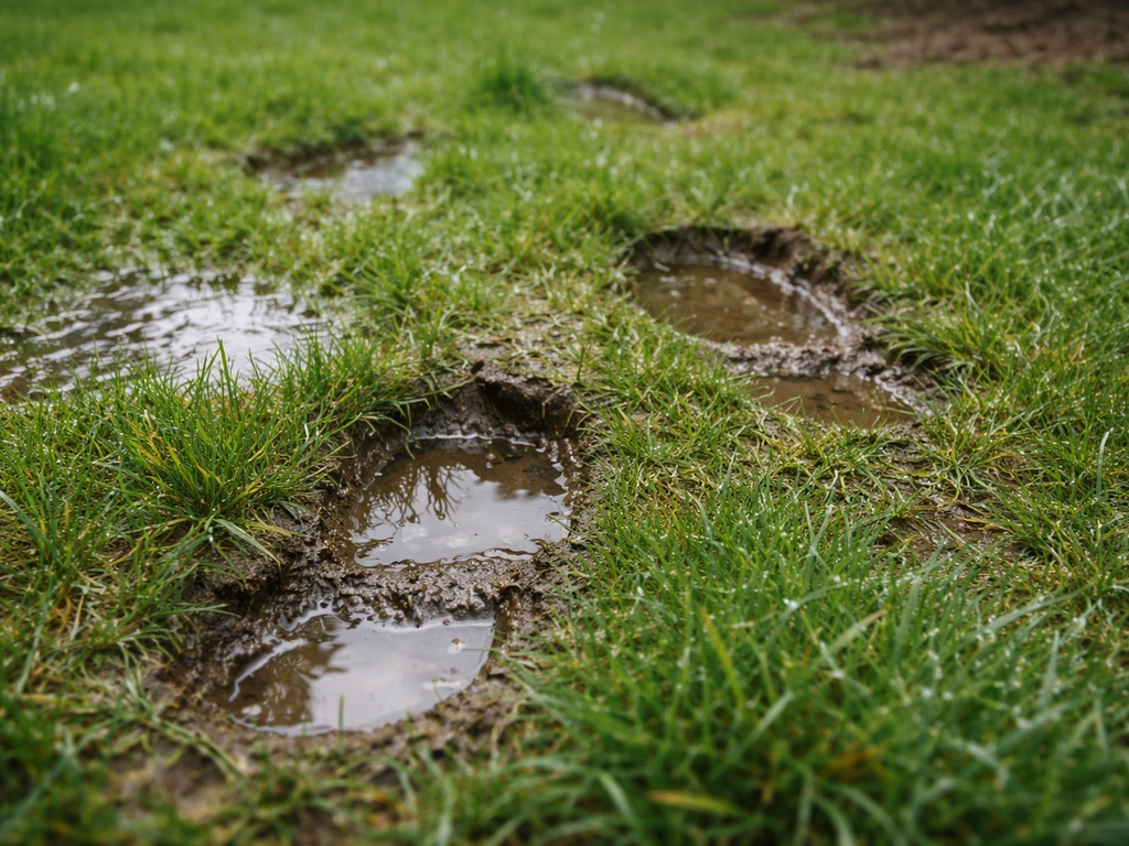 Buitengazon met stilstaand water en zichtbare voetafdrukken na regen, close-up, minimale tuinsetting.