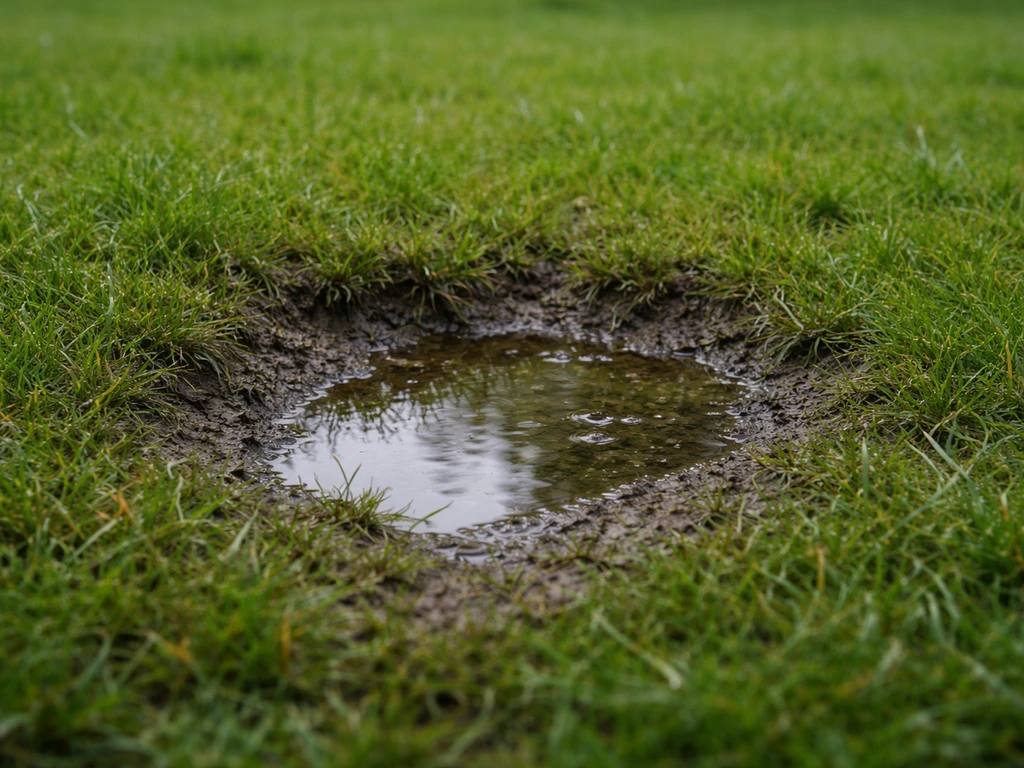 Kuiltje in het gazon met stilstaand water na regen en vochtige graspolletjes eromheen.