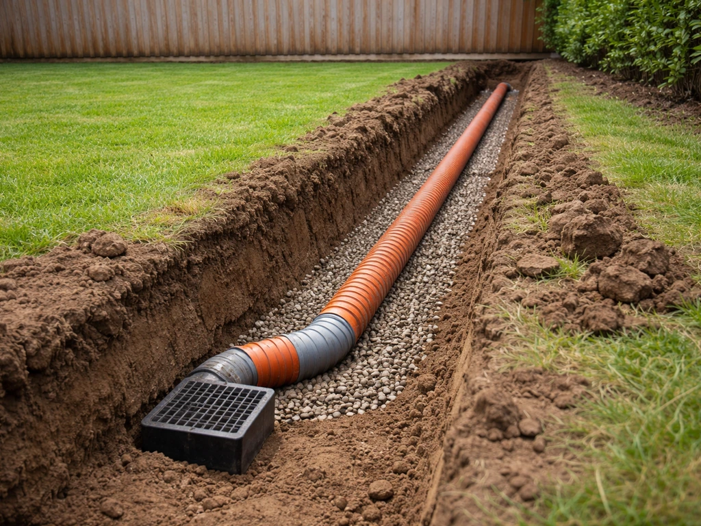 Nette sleuf met drainagebuis en drainagekorrels in de tuin, aflopend naar een afvoerpunt bij een straatkolk.