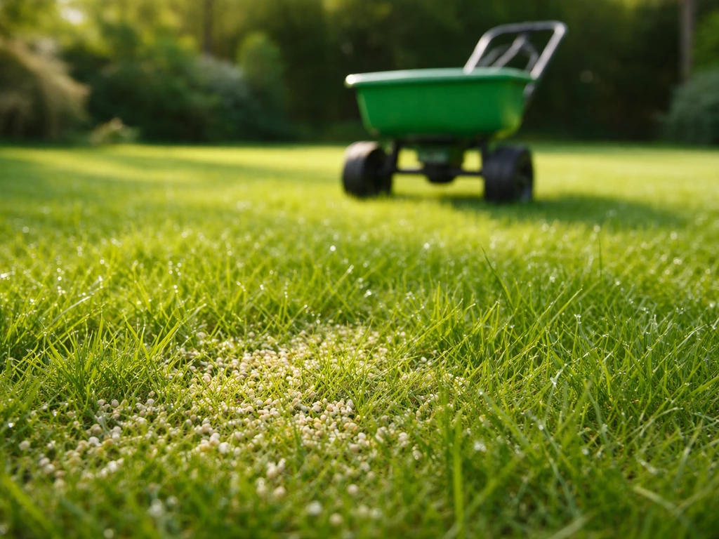 Groen gazon in april met zichtbare mestkorrels en een strooier onscherp op de achtergrond.